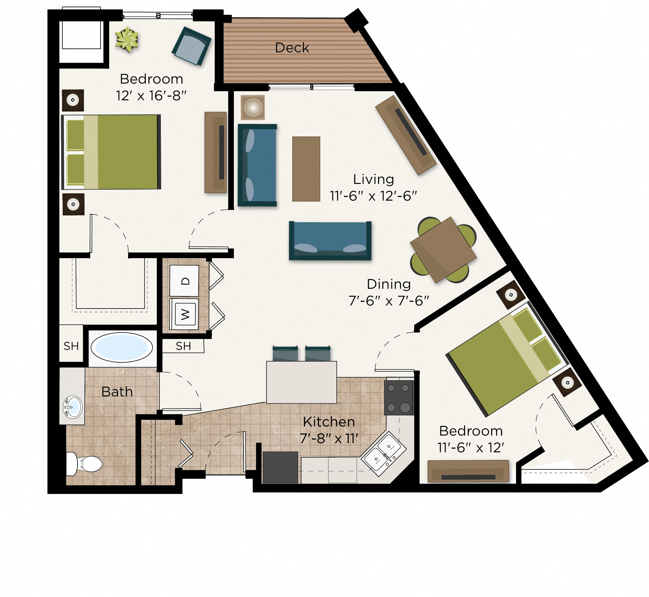 Floor plan for 2 beds, 1 bath, 1120 sqft